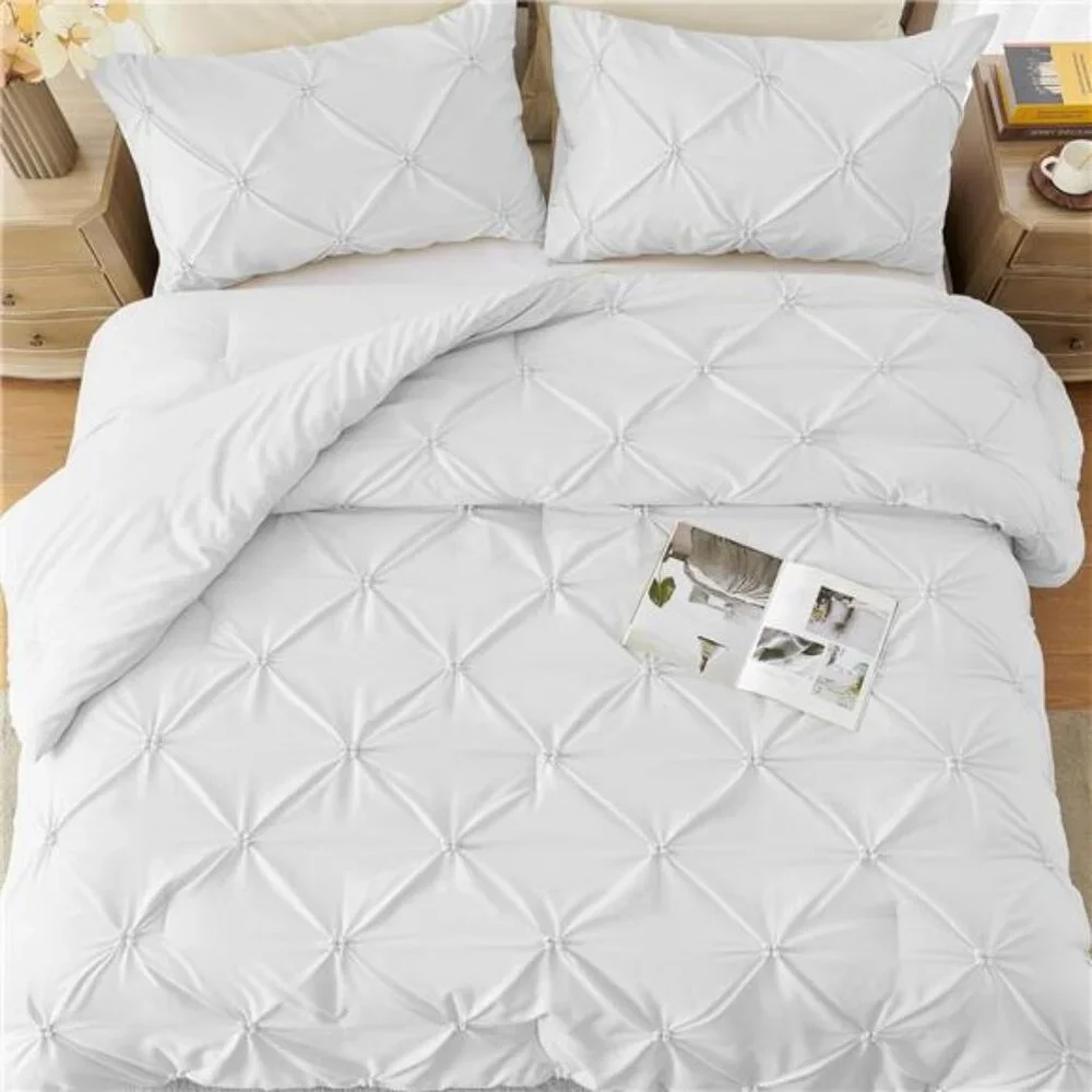 Queen Comforter Set White - Lightweight Soft Pintuck Down Alternative